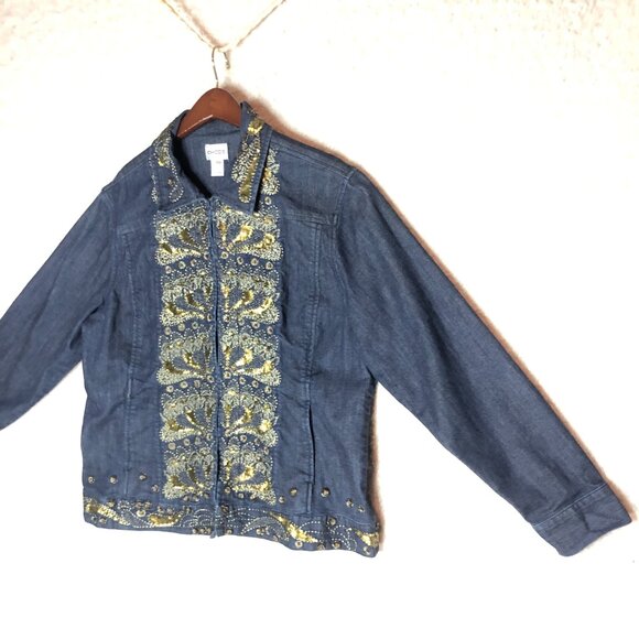 Vintage Chico's Embellished Beaded Denim Sequence Embroidery Jacket Size 3 - Picture 7 of 7